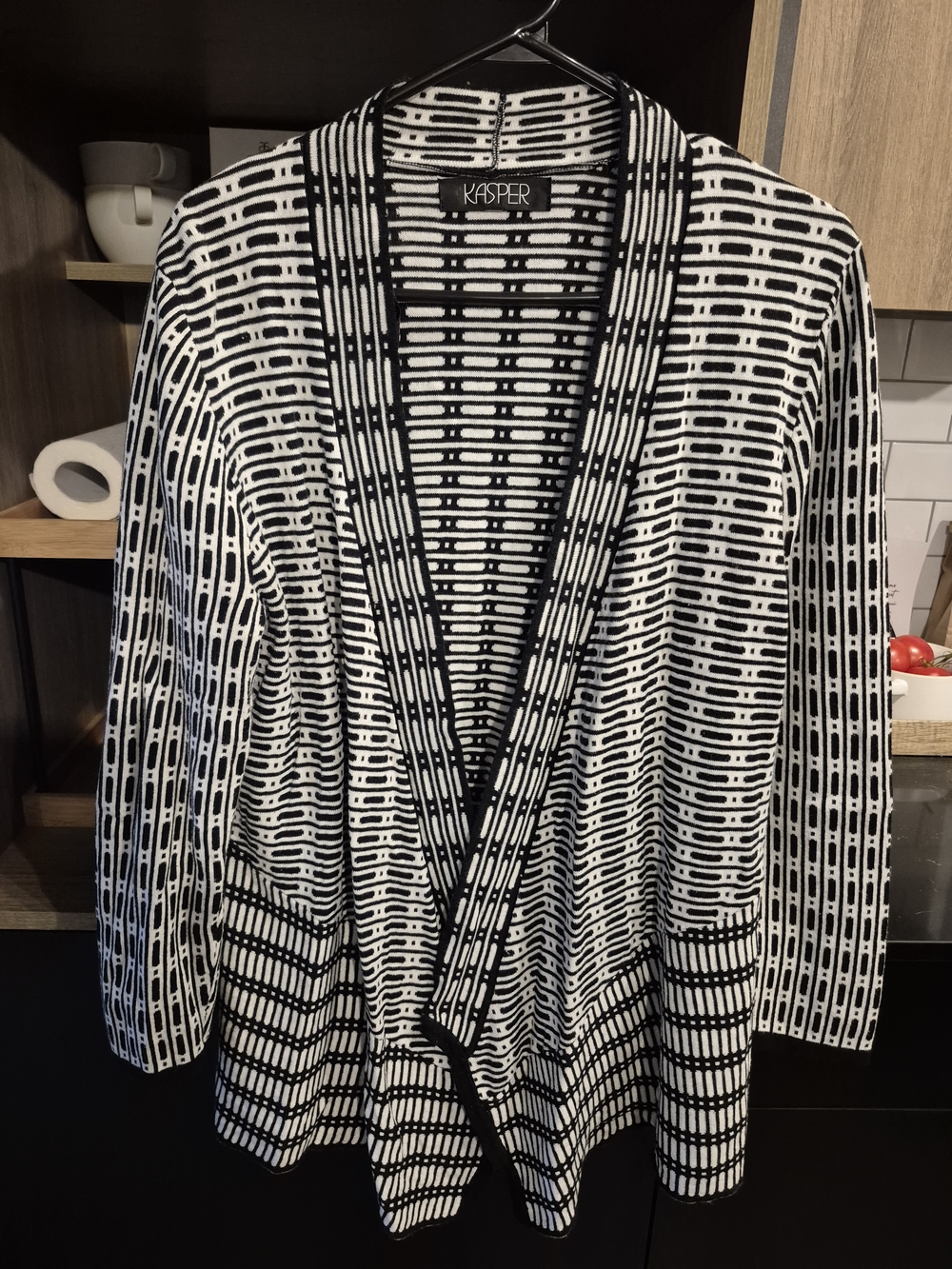 Kasper Black and White Geometric Open-Front Cardigan